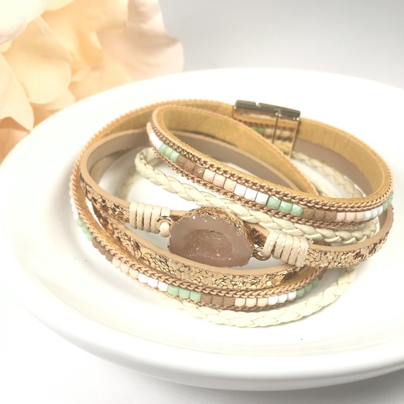 Bohemian Quartz Leather Wrap Bangle Bracelet - Picture 8 of 9